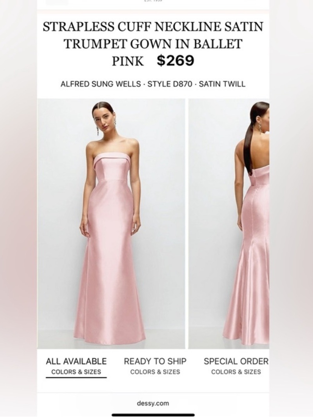ALFRED SUNG Strapless Pink Satin Wedding Gown D870 in ballet pink